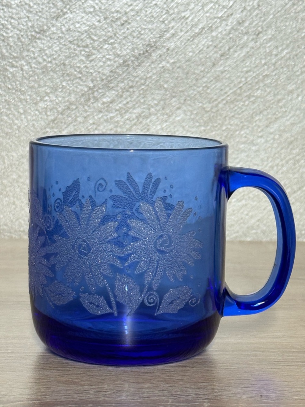 Vintage Cobalt Blue Glass
Mug Etched Floral Sunflower
Design